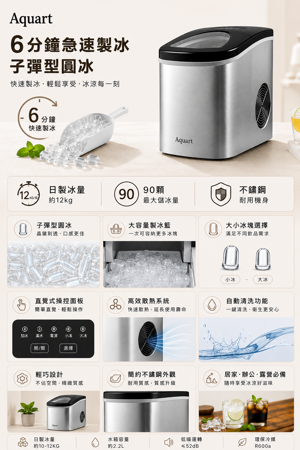 TAQ-12A 子彈型圓冰、大小冰塊選擇、直覺式操控面板、高效散熱與自動清洗功能