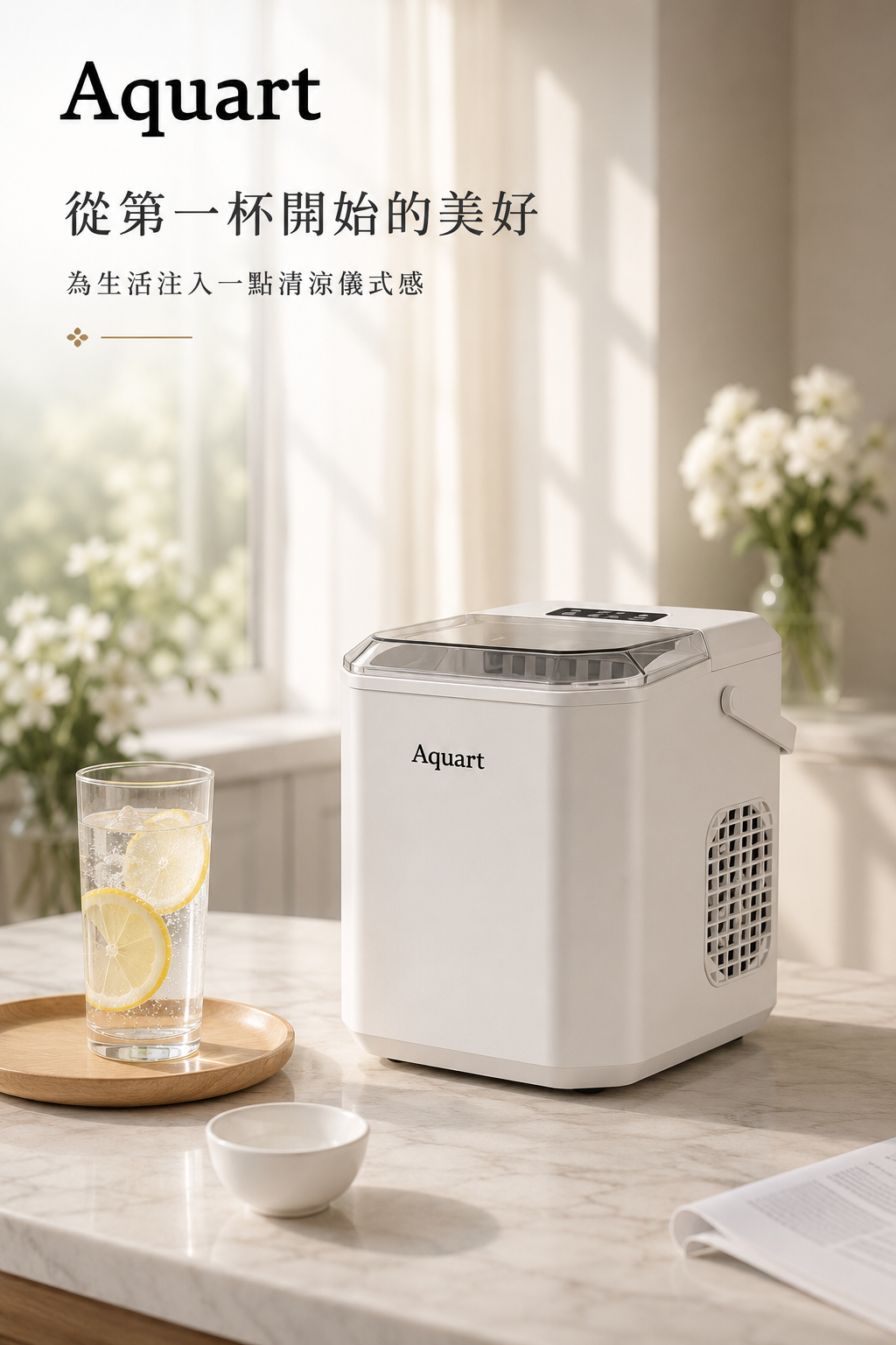Aquart TAQ-12G 白色製冰機外觀,放在窗邊餐桌上