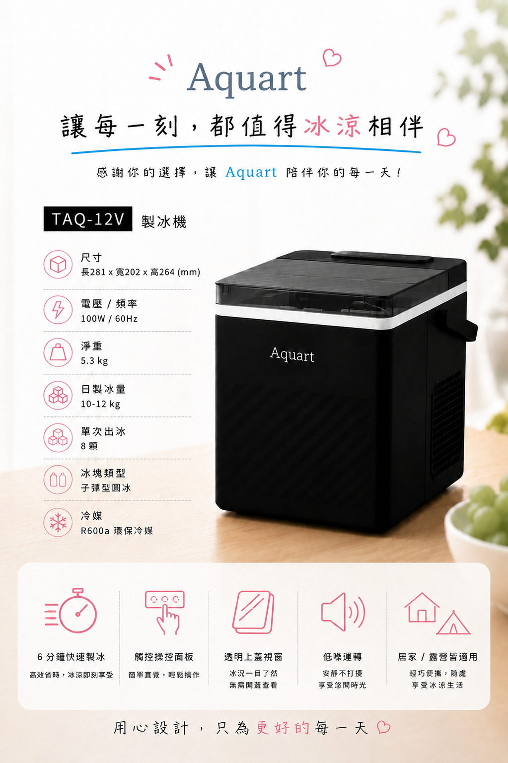 TAQ-12V 產品規格:尺寸、淨重、日製冰量、單次出冰、冰塊類型、冷媒