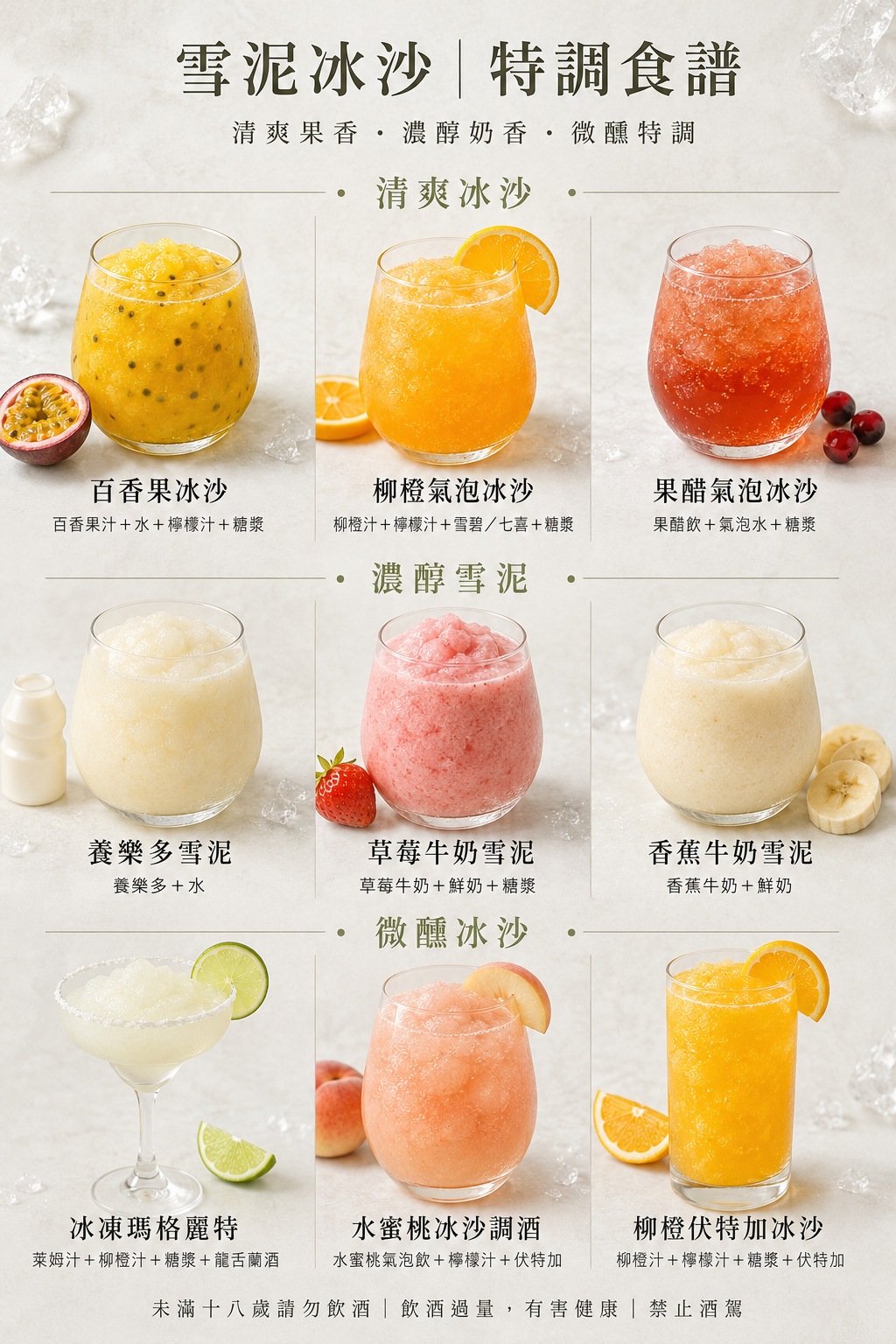 雪泥冰沙特調食譜：清爽冰沙、濃醇雪泥、微醺冰沙