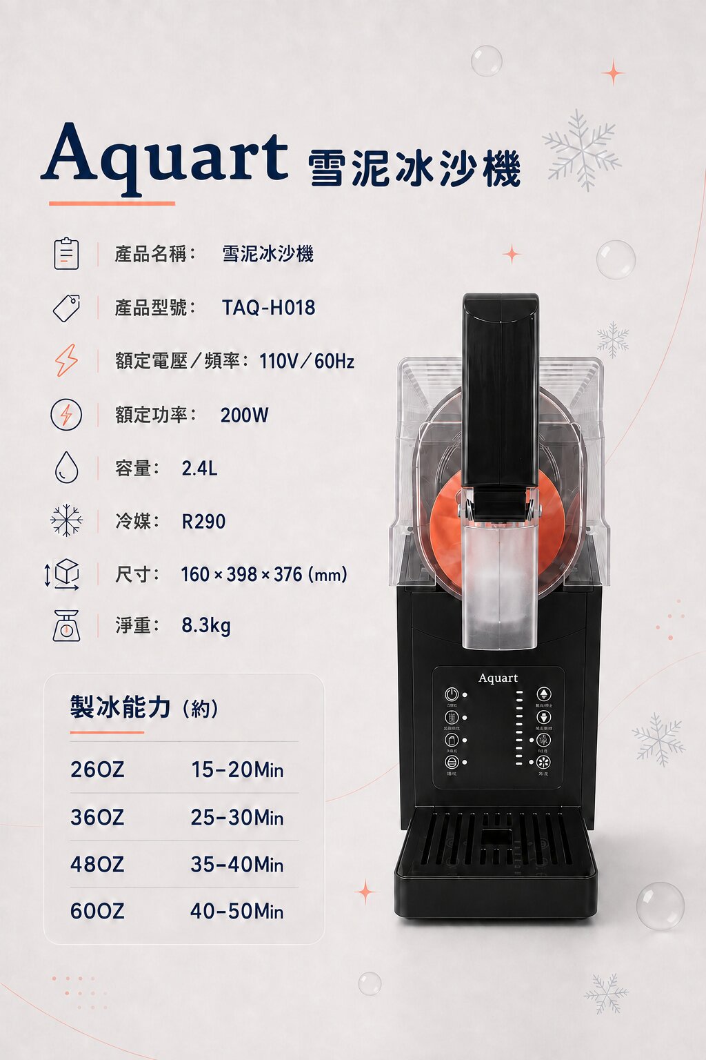 Aquart 雪泥冰沙機 TAQ-H018 產品規格與製冰能力